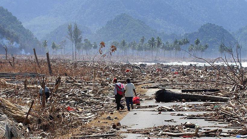 Three people make their way through debris and fallen trees in the hot sun of Leupung, Indonesia, in January 2005