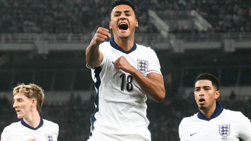 Ollie Watkins leaps for joy after giving England an early lead in the Uefa Nations League clash against Greece in Athens