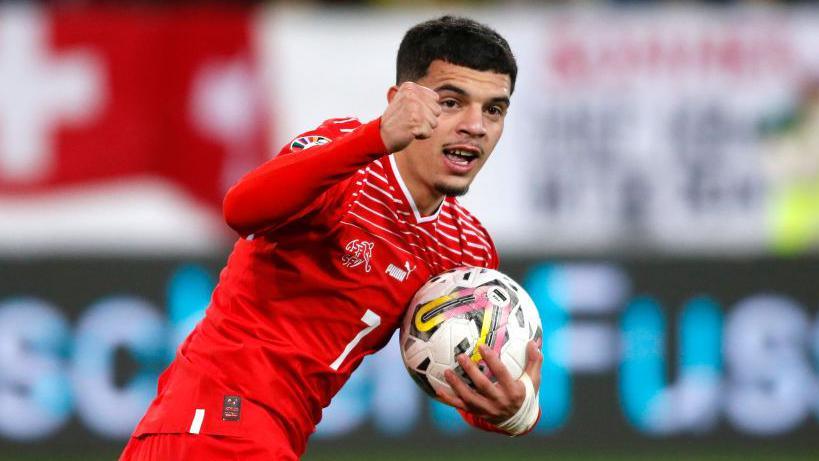 Zeki Amdouni celebrating a goal for Switzerland