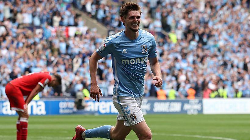 Coventry City midfielder Jack Rudoni smiles in celebration following scoring his second goal against Middlesbrough.