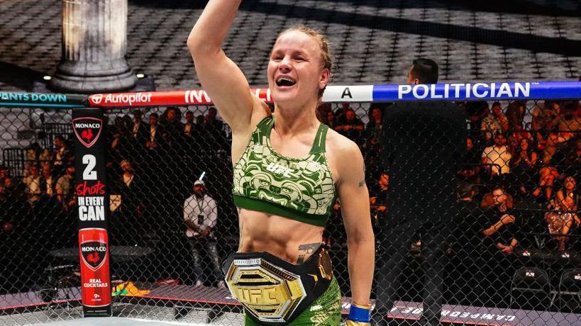 Valentina Shevchenko celebrates after beating Alexa Grasso at UFC Noche