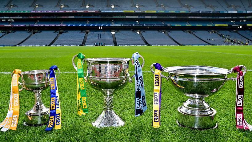 The All-Ireland senior, intermediate and junior championship trophies that will be up for grabs on Sunday at Croke Park. 