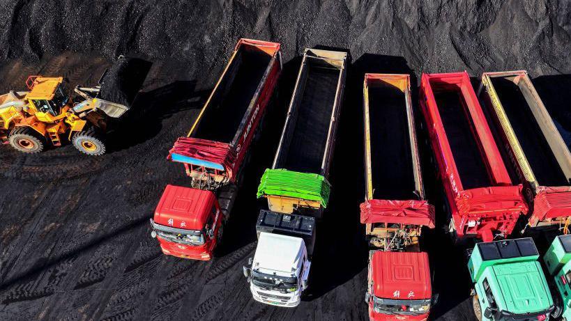 Vehicles transfer coal at the coal terminal of Lianyungang Port in Lianyungang, in eastern China's Jiangsu province