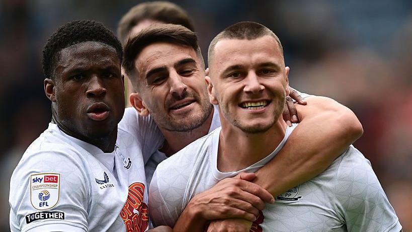 Milutin Osmajic celebrates scoring against Ipswich with his team-mates.