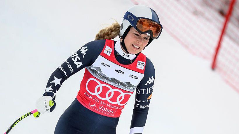 Lindsey Vonn competing during the women's downhill race at the FIS Alpine Ski World Cup in Crans Montana, Switzerland