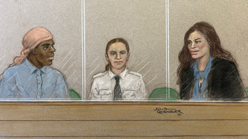 A court sketch depicting Mark Gordon, a security guard and Constance Marten