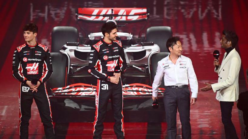 Haas drivers Oliver Bearman and Esteban Ocon on stage at the O2 Arena