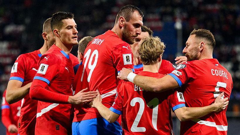 Czech Republic celebrate a goal in their 6-0 win over Gibraltar 