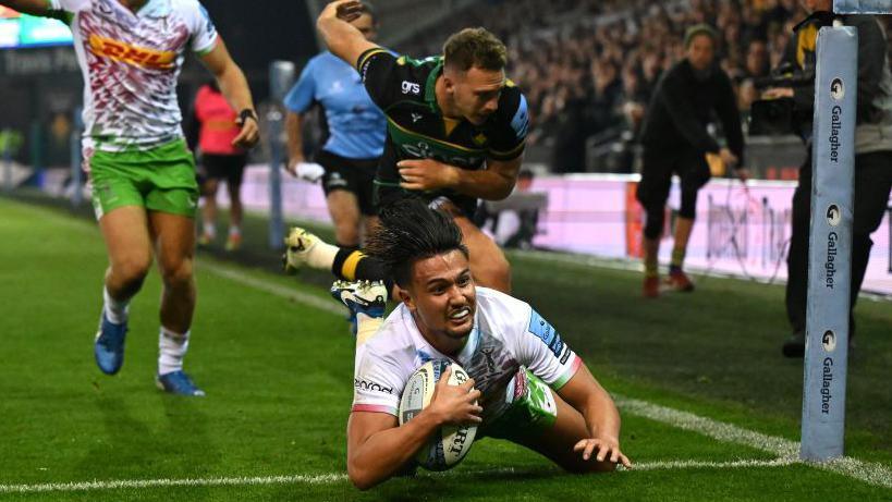 Marcus Smith dots down his second try of the game for Harlequins against Northampton Saints