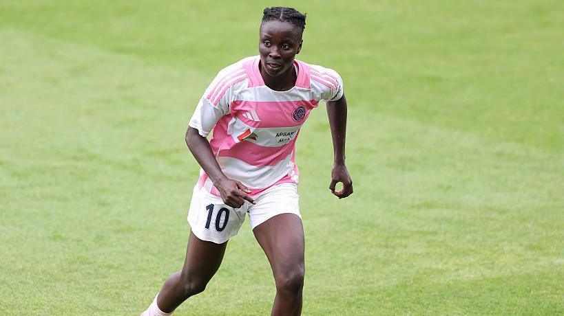 Riga FC's Kumba Brima pictured playing at Wrexham's Racecourse