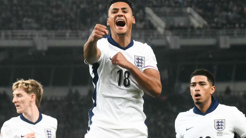 Ollie Watkins celebrates after putting England ahead in the Uefa Nations League clash against Greece in Athens