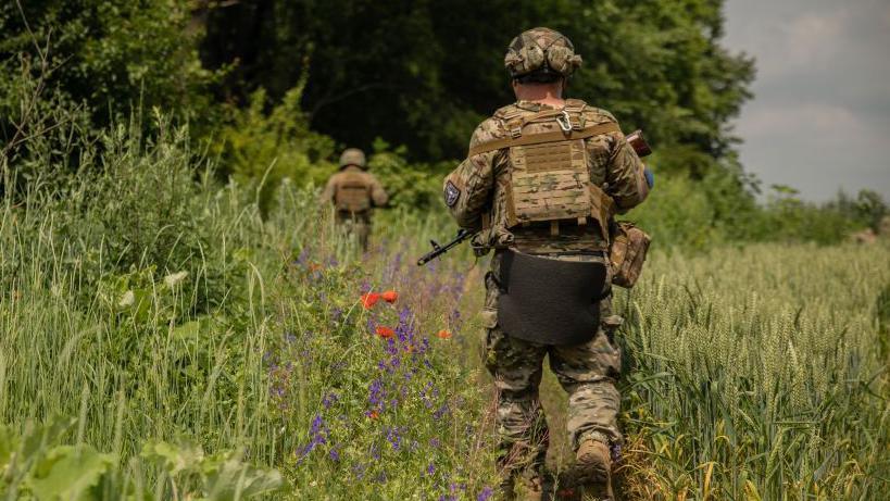 A Ukrainian soldier walks through a field during a training exercise near Kyiv