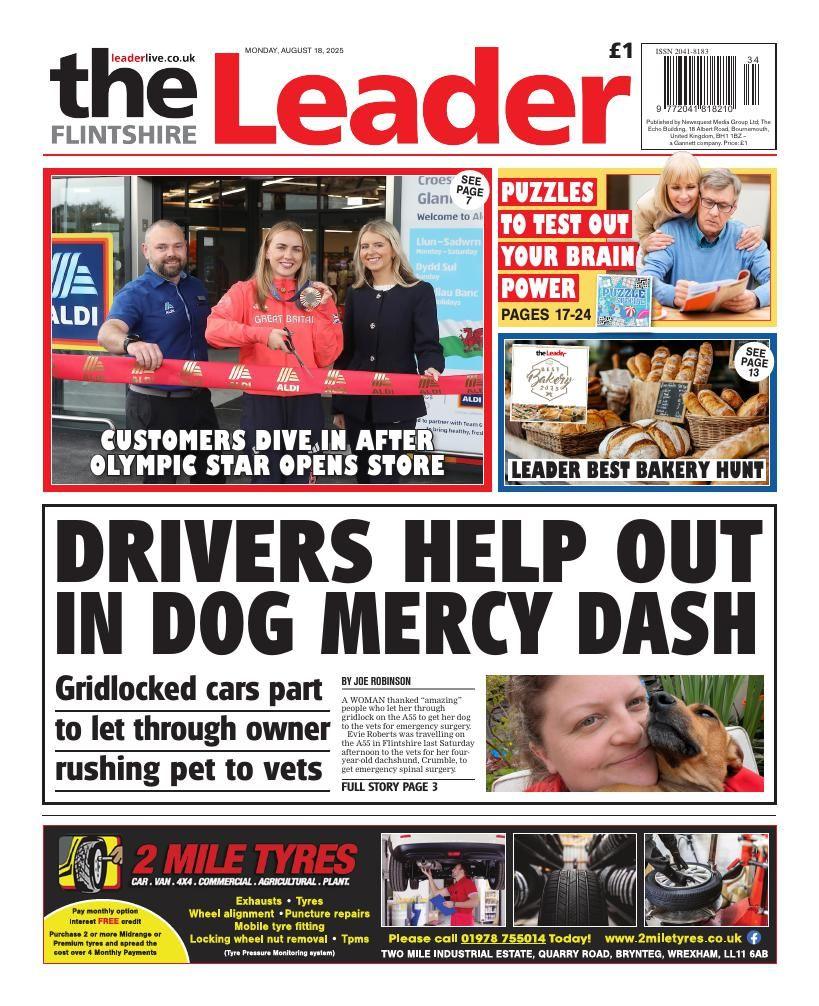 Flintshire Leader with the headline "Drivers help out in dog mercy dash" with a picture of a woman and her dog 