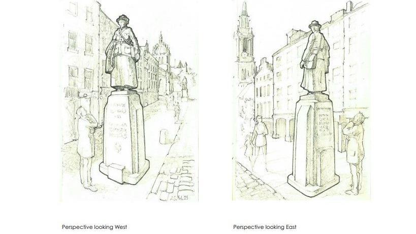 Two pencil sketch of the Elsie Inglis statue. She is wearing a brimmed hat and wearing a coat and long skirt. She is on a tall plinth.