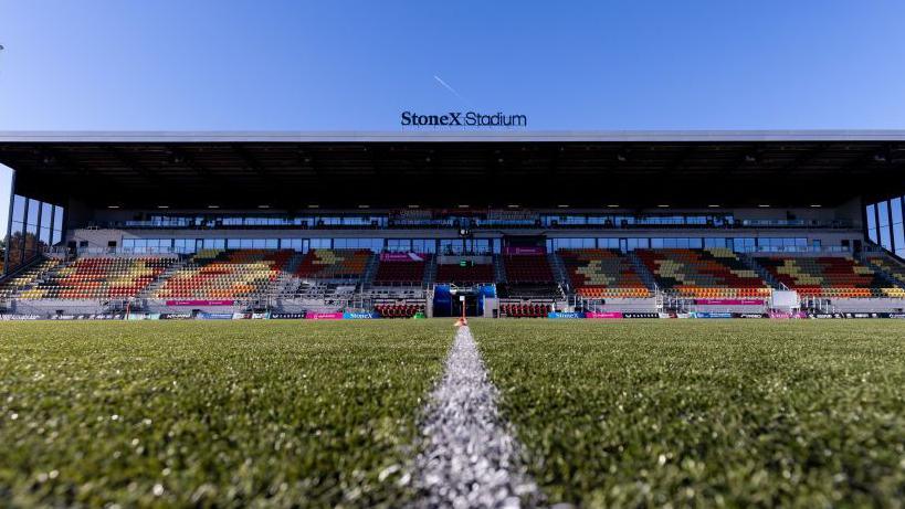 A pitchside view of StoneX Stadium, home of Saracens