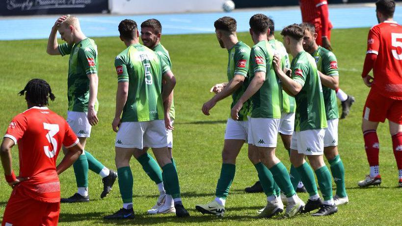 Guernsey FC celebrate Charlton Gauvain's goal