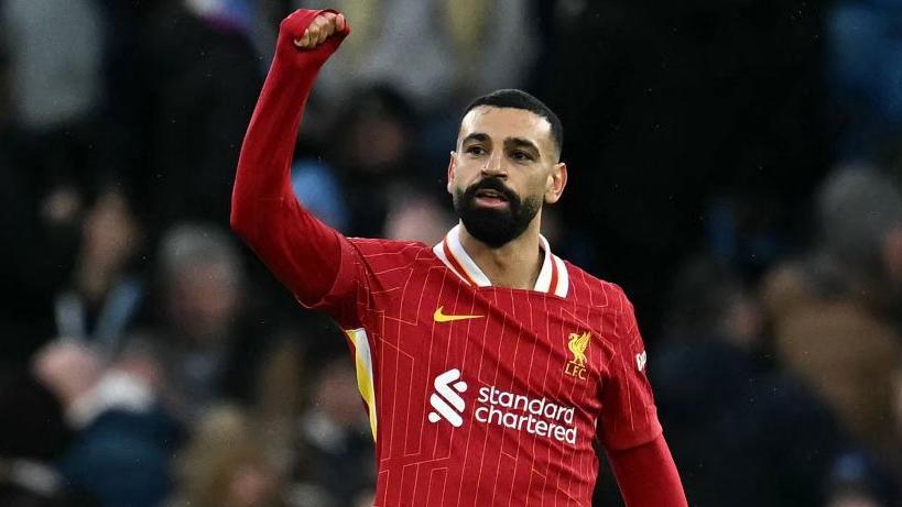 Mohamed Salah celebrates scoring against Manchester City