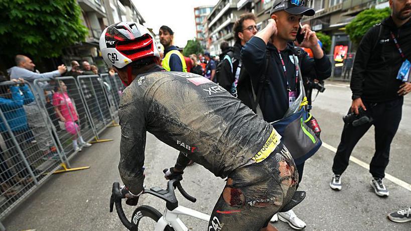 Jhontan Narvaez after a crash on stage two of the Giro d'italia