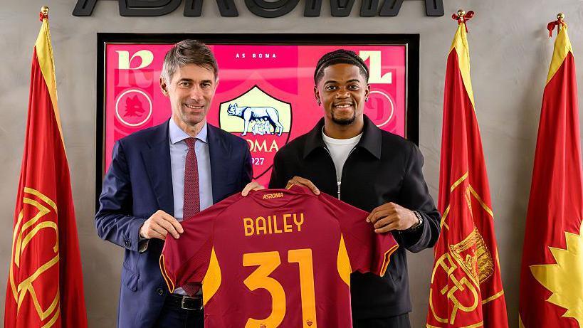 AS Roma's sports director Frederic Massara with Leon Bailey after the winger completed his loan move from Aston Villa