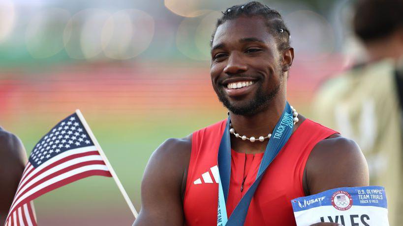 Noah Lyles celebrates winning the 100m at the US Olympic Team Trials