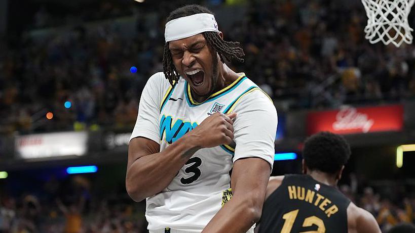 Indiana Pacers' Myles Turner reacts during Sunday's game