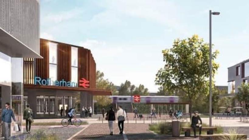 Artist impression of Rotherham train station. People walk and cycle on a wide footpath in front of the train station, which has long vertical windows and wood panelling. 