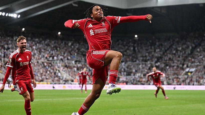 Ngumoha celebrating scoring the winning goal for Liverpool vs Newcastle by leaping into the air