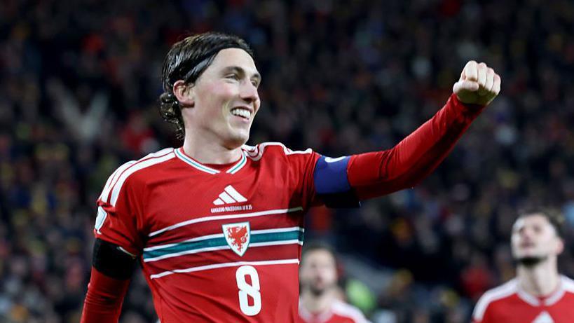 Harry Wilson celebrates scoring for Wales against North Macedonia in Cardiff 