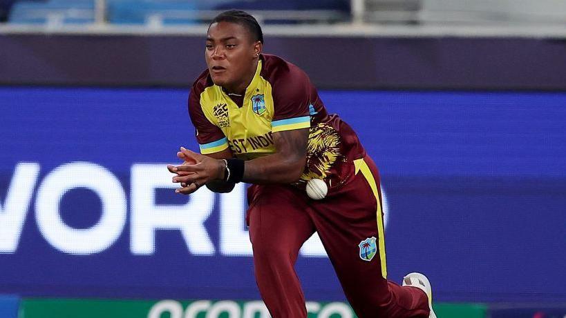 Chinelle Henry of West Indies drops a catch v Scotland