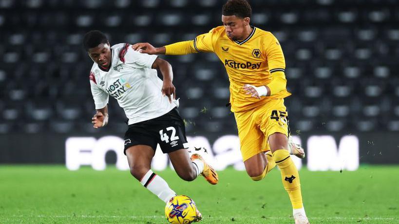 Adebayo Fapetu in action for Derby County against Wolves