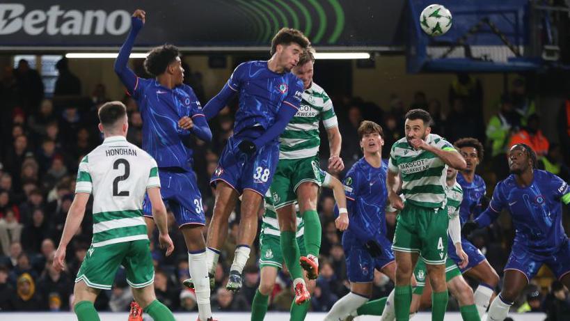 Marc Guiu heads his third goal in Chelsea's Uefa Conference League win over Shamrock Rovers