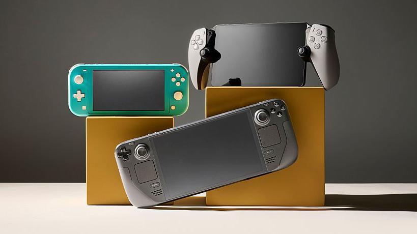 Detail of handheld gaming devices, L - R: Nintendo Switch; PlayStation Portal (top); Valve Steam Deck.