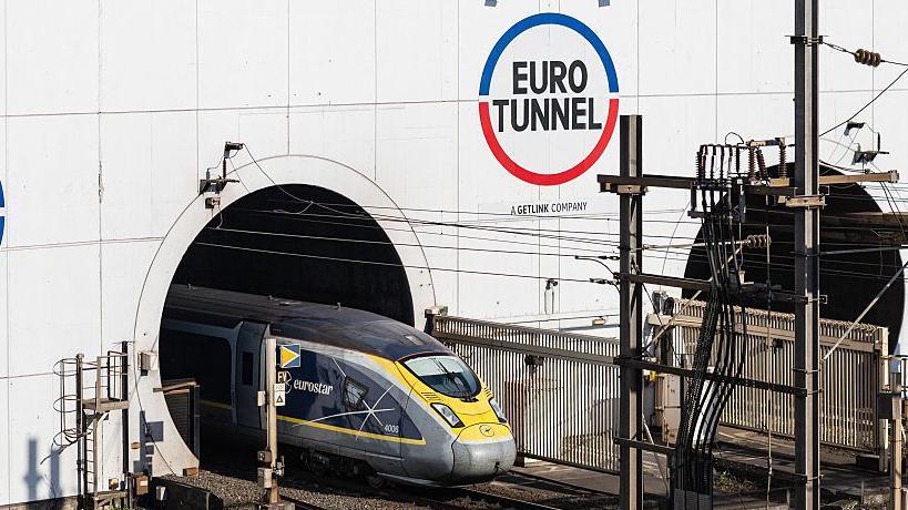 A Eurostar train enters the Eurotunnel in Coquelles, northern France. 
