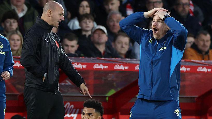 Sean Dyche reacts in disbelief to a refereeing decision during Nottingham Forest's Premier League match at home to Manchester United