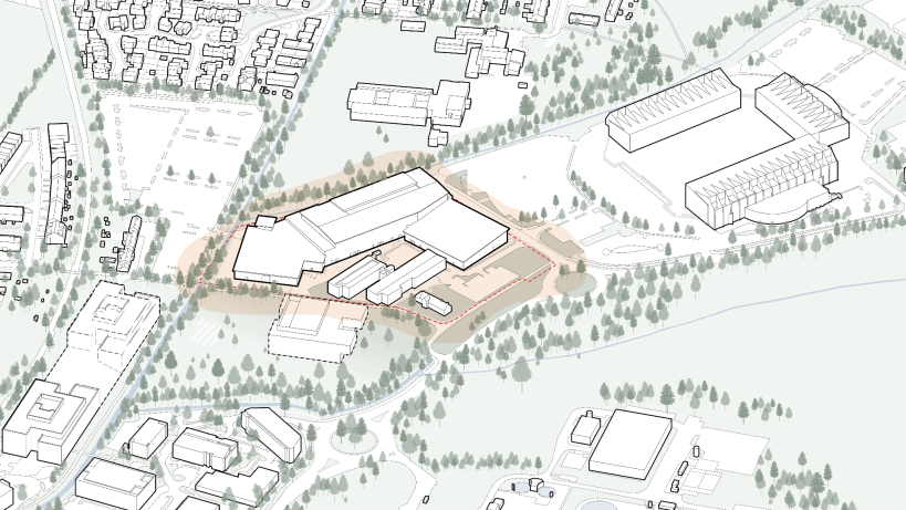 An artist's aerial view of the site, with the area marked for development highlighted. The Kassam Stadium is next to it on the right.