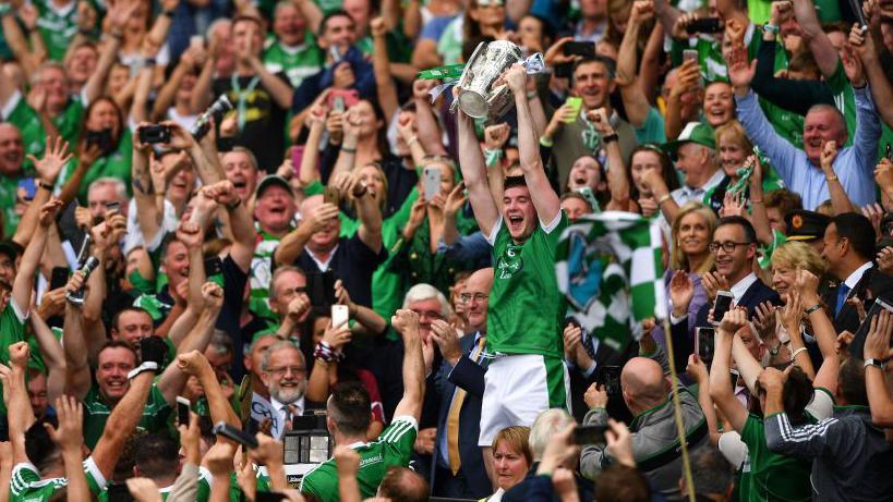 Declan Hannon lifts the Liam MacCarthy Cup in 2018