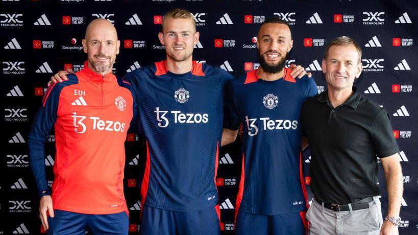 Manchester United signings Matthijs de Ligt and Noussair Mazraoui with manager Erik ten Hag