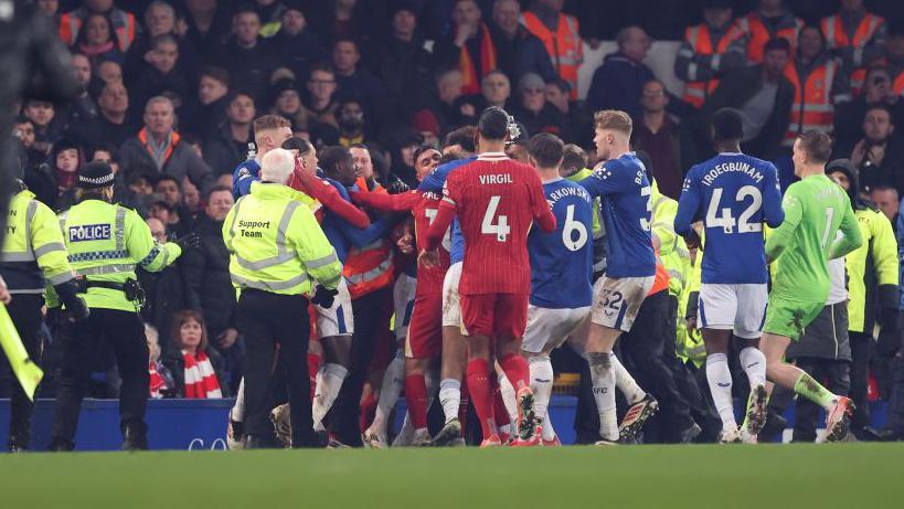 Angry scenes erupted at the end of the final Merseyside derby at Goodison Park