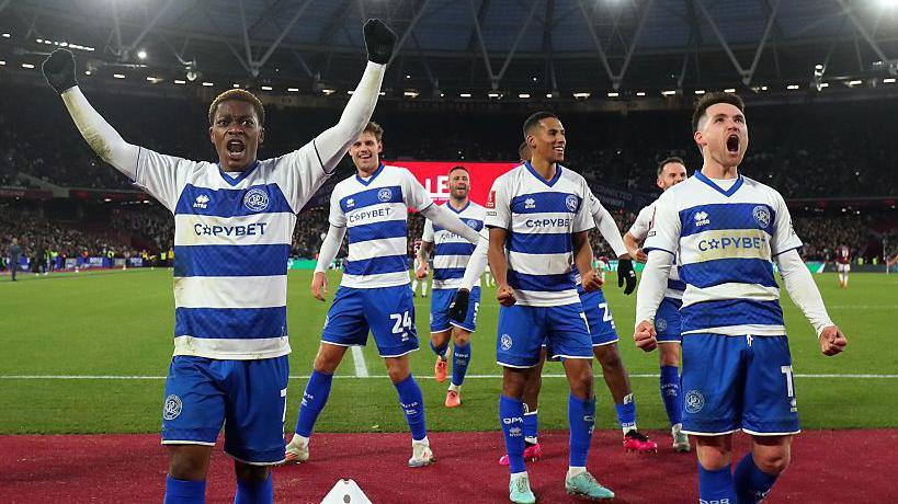 Karamoko Dembele and Paul Smyth celebrating Queens Park Rangers' equalising goal against West Ham United in the third round of the FA Cup.