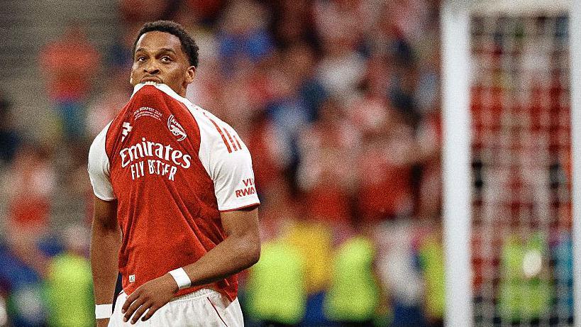 Jurrien Timber looks sad in his Arsenal kit after the Champions League final