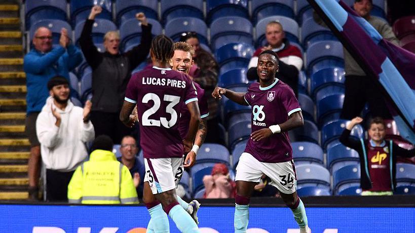 Oliver Sonne celebrates scoring for Burnley against Derby County in the Carabao Cup