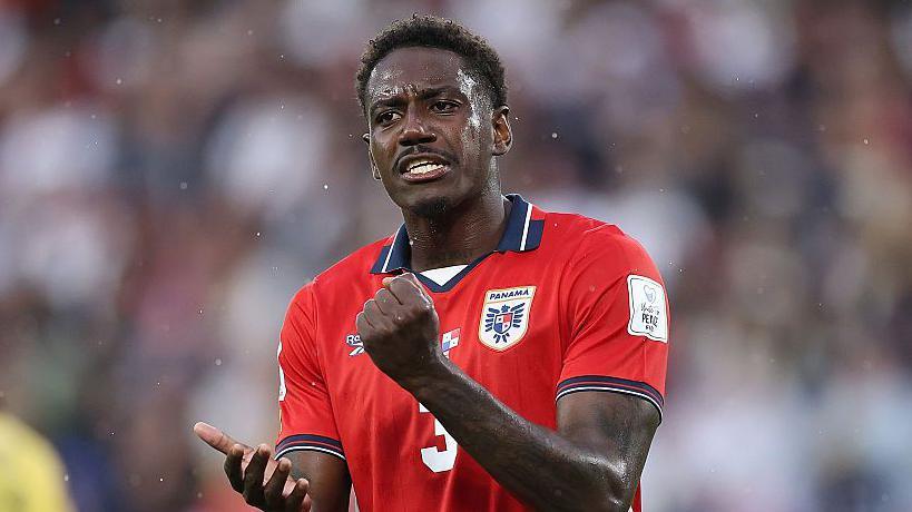 Panama defender Jose Cordoba slams his fist as he tries to make a point on the pitch