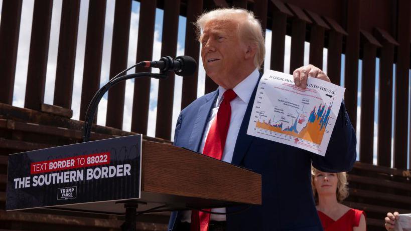 Republican presidential nominee Donald J Trump delivers a speech in front of the US-Mexico border.