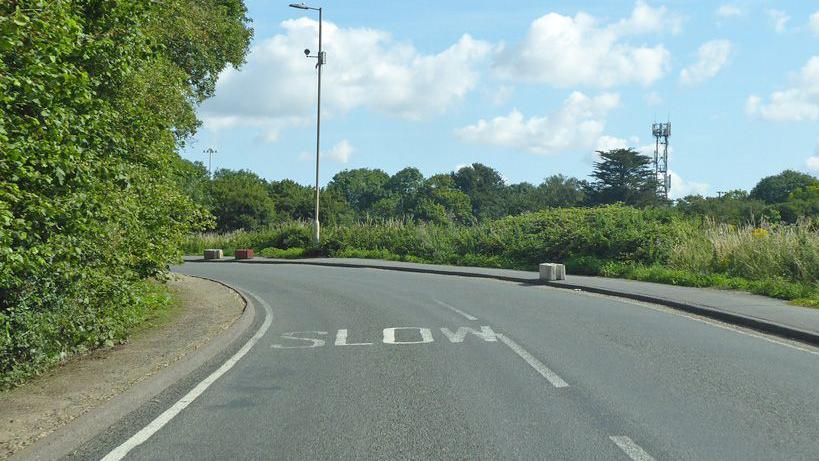 This picture has been taken of a bend in Parsonage Road. "Slow" has been painted in white on the road surface. It is a sunny day. Bushes are on either side of the road.