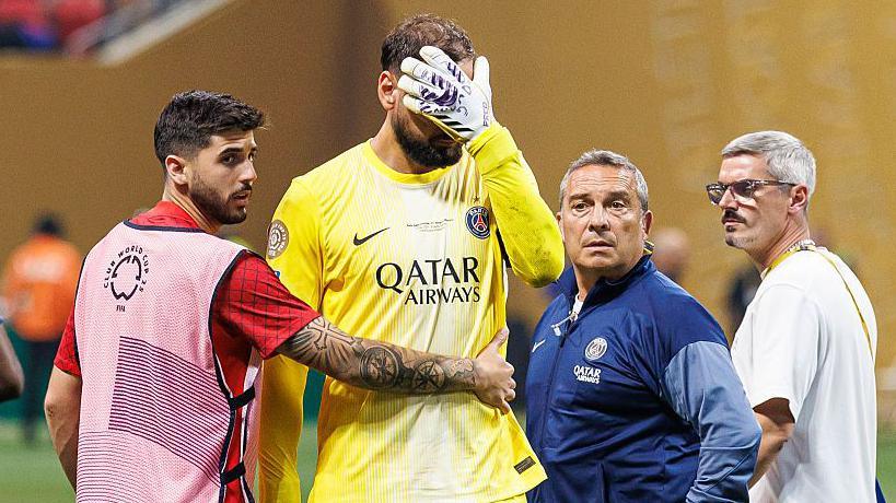 Gianluigi Donnarumma looks distraught after realising the severity of Jamal Musiala's ankle injury