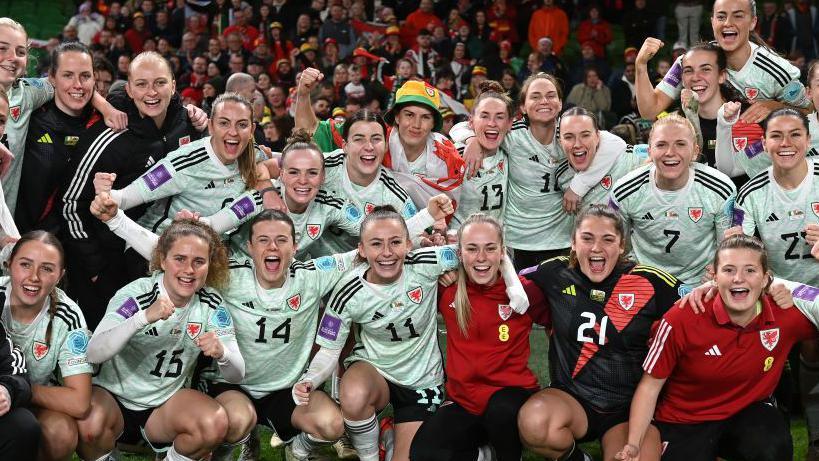 Wales celebrate after beating Republic of Ireland in the Euro 2025 play-off final 