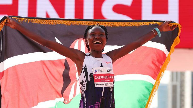 Ruth Chepngetich celebrates winning the Chicago Marathon in October