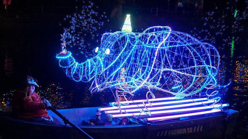 A bubble blowing elephant boat