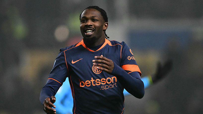 A smiling Marcus Thuram celebrates scoring for Inter against Parma in Serie A