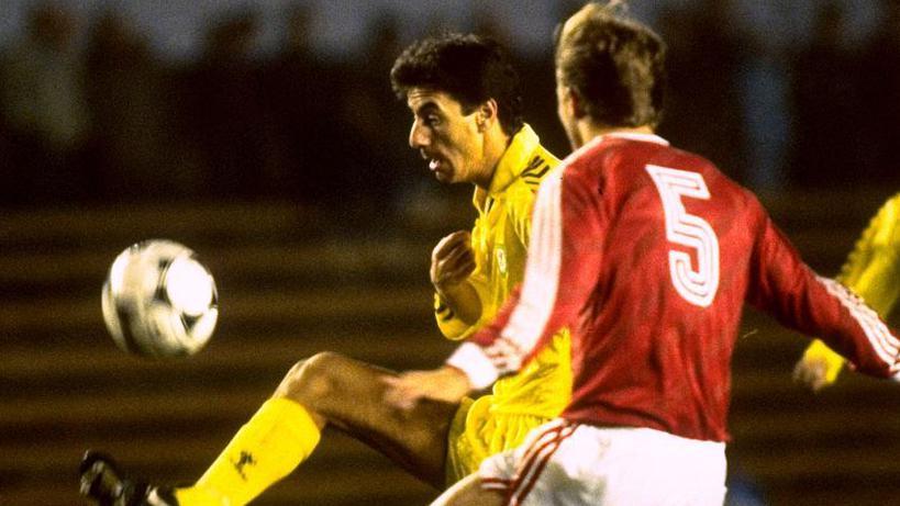 Wales striker Ian Rush controlling the ball away at Czechoslovakia.